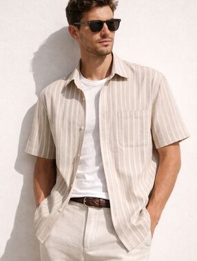 Bill Blass Beige & White Striped Short Sleeve | Men’s L | Summer Classic